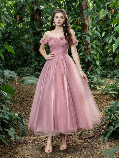 Fashion A-Line Off Shoulder Sleeveless Lace Up Ankle-Length Prom Dress