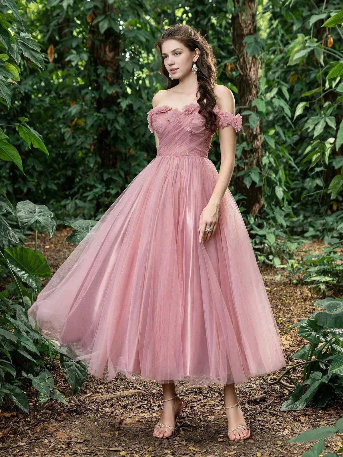 Fashion A-Line Off Shoulder Sleeveless Lace Up Ankle-Length Prom Dress