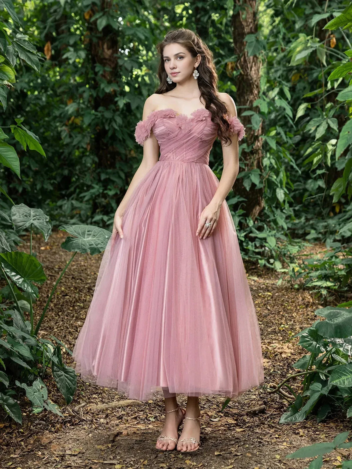 Fashion A-Line Off Shoulder Sleeveless Lace Up Ankle-Length Prom Dress