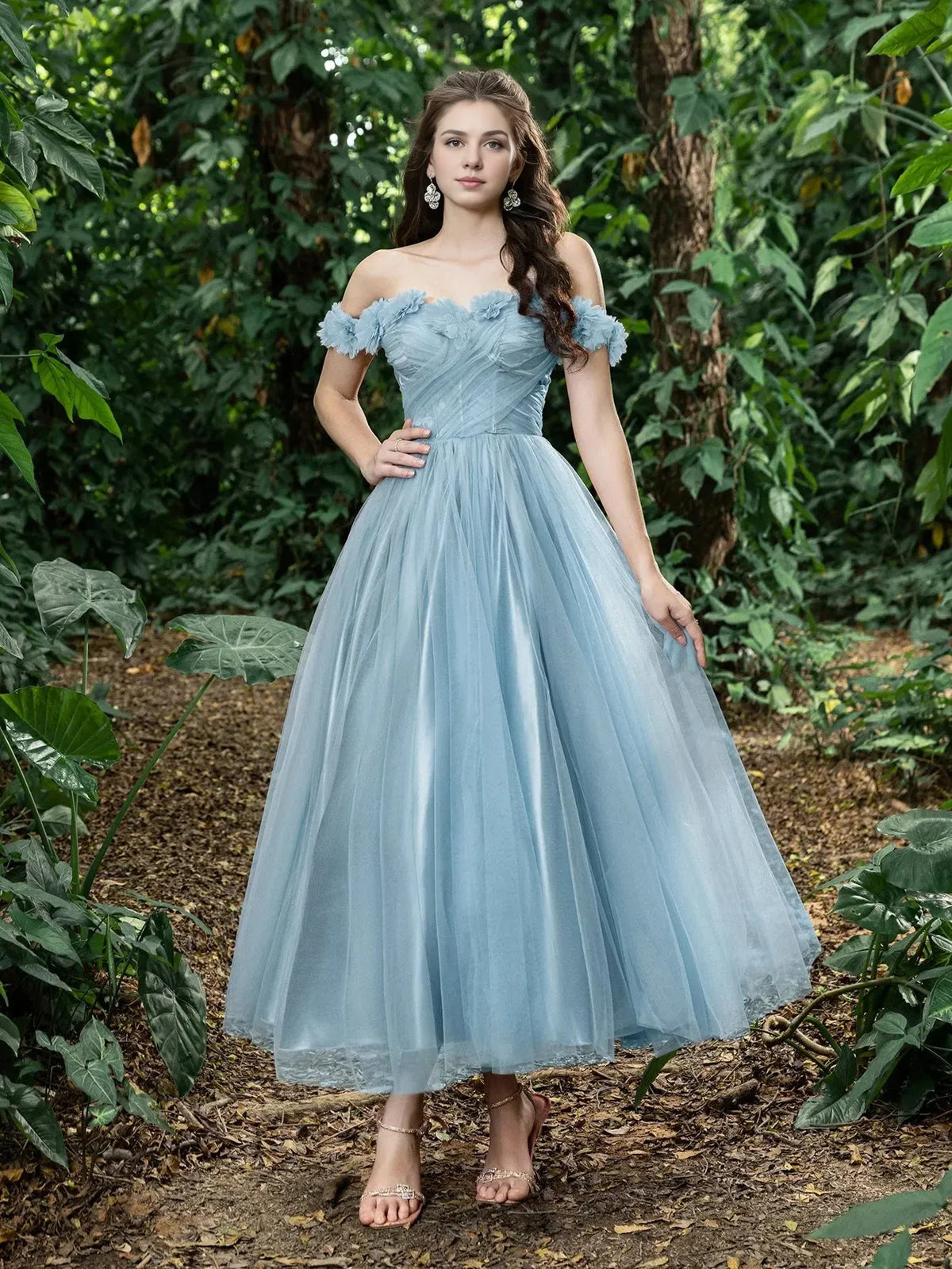 Fashion A-Line Off Shoulder Sleeveless Lace Up Ankle-Length Prom Dress