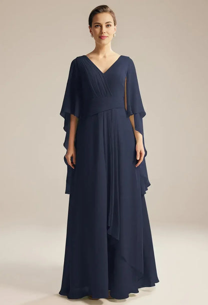 Fashion A-line V Neck Butterfly Sleeves Pleated Chiffon Floor Length Mother of the Bride Dress