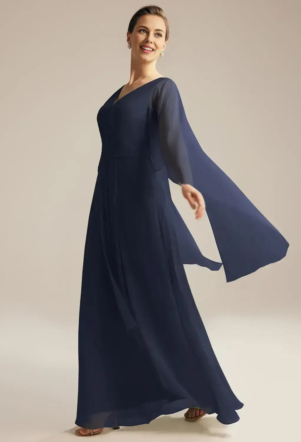 Fashion A-line V Neck Butterfly Sleeves Pleated Chiffon Floor Length Mother of the Bride Dress