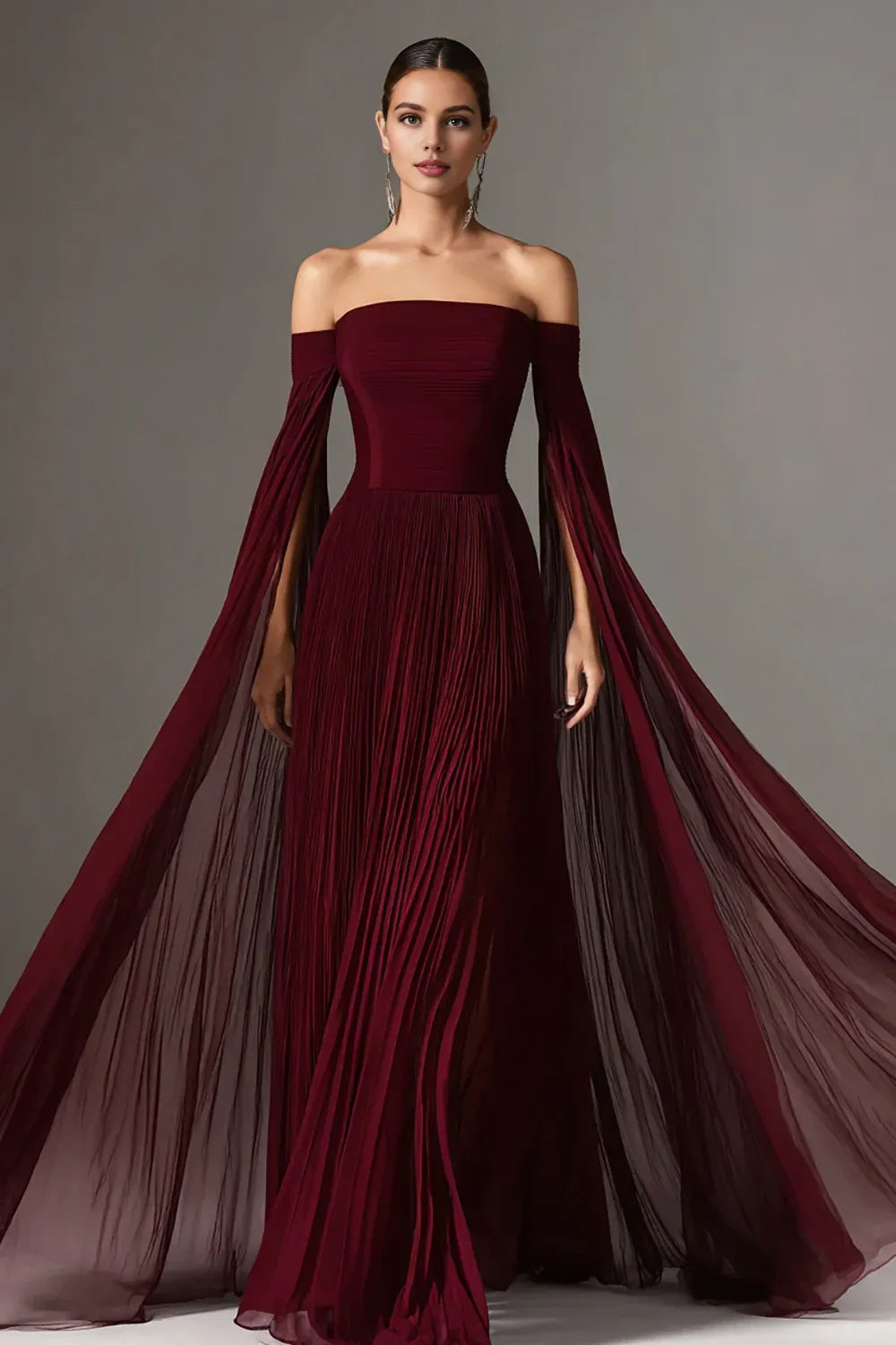 Fashion A Line Off the Shoulder Flutter Sleeve Chiffon Floor-Length Evening Dress