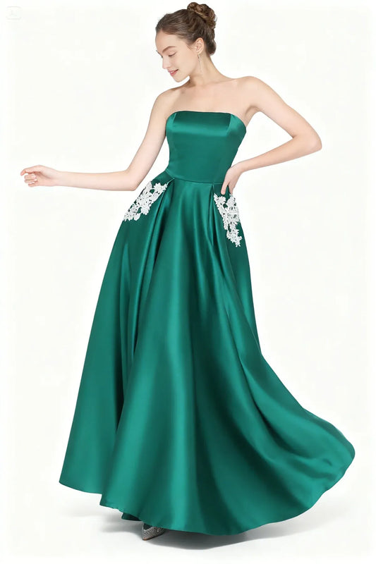 Fashion A Line Strapless Sleeveless Satin Floor-Length Prom Dress
