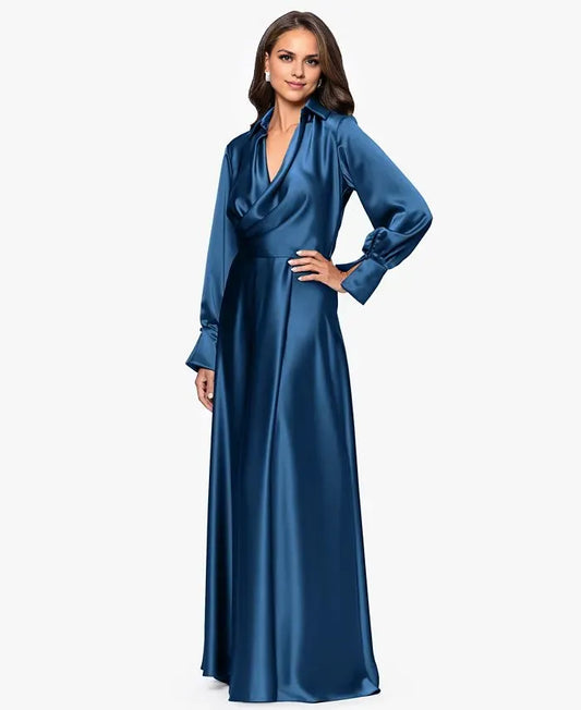 Fashion Column Collared Neck Long Sleeve Pleated Satin Floor-Length Prom Dress