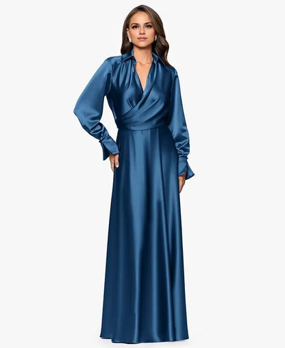Fashion Column Collared Neck Long Sleeve Pleated Satin Floor-Length Prom Dress