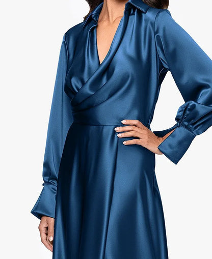 Fashion Column Collared Neck Long Sleeve Pleated Satin Floor-Length Prom Dress