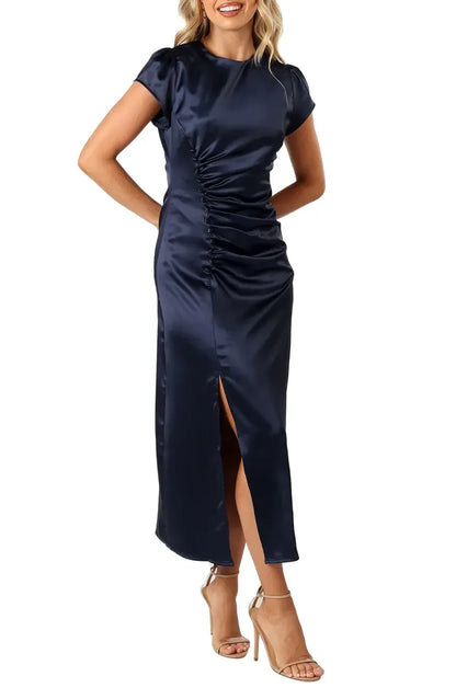 Fashion Fitted High Neck Short Sleeve Satin Ankle-Length Prom Dress