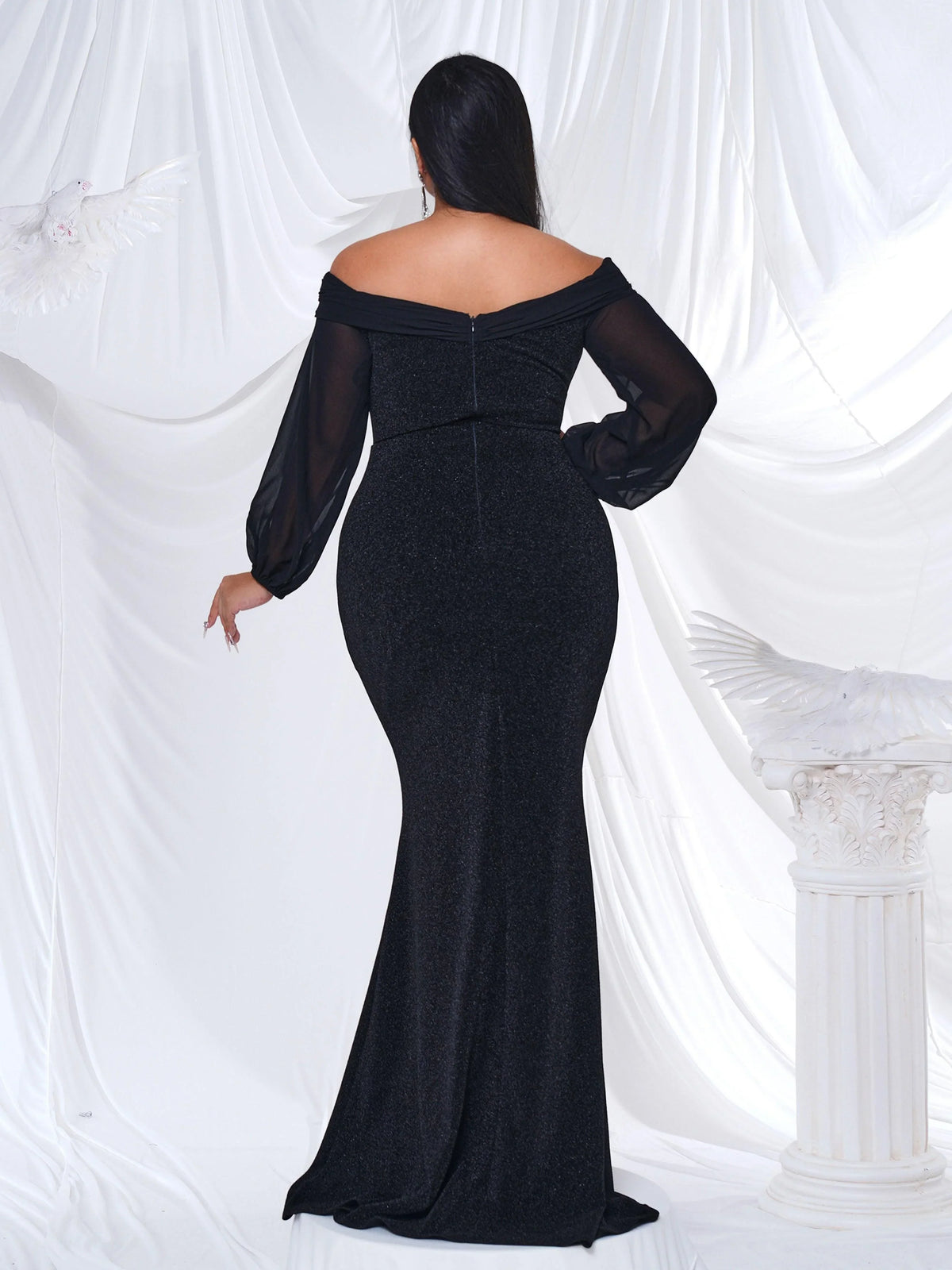 Fashion Mermaid Off Shoulder Long Sleeve Backless Floor-Length Plus Size Prom Dress