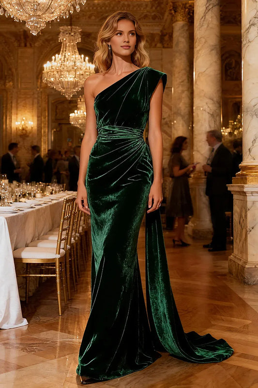 Fashion Mermaid/Trumpet One Shoulder Sleeveless Velvet Sweep/Brush Train Winter Prom Dress