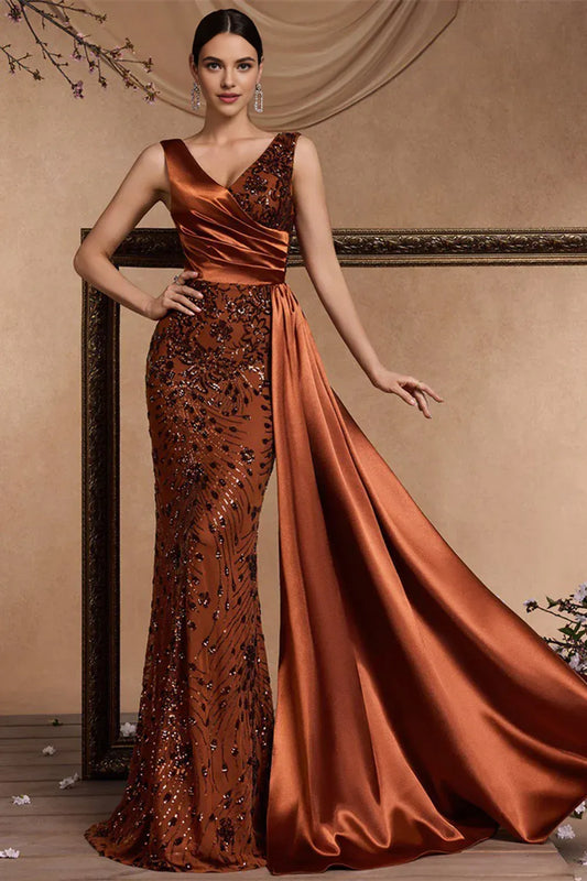 Fashion Mermaid V Neck Sleeveless Appliques Satin Floor-Length Prom Dress