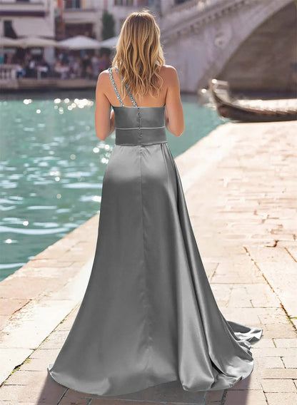 Fashion Sheath One-Shoulder Sleeveless Ruffle Satin Sweep Train Prom Dress