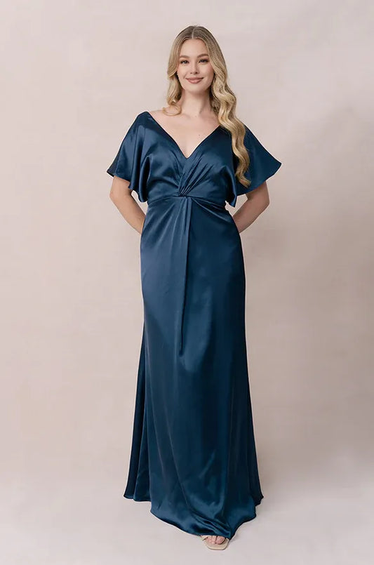 Fashion Sheath V Neck Short Sleeve Satin Floor-Length Prom Dress