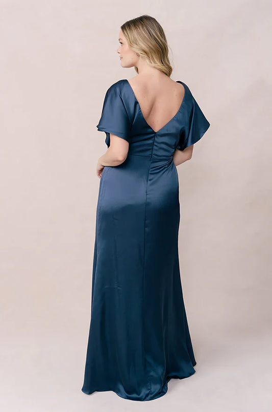 Fashion Sheath V Neck Short Sleeve Satin Floor-Length Prom Dress