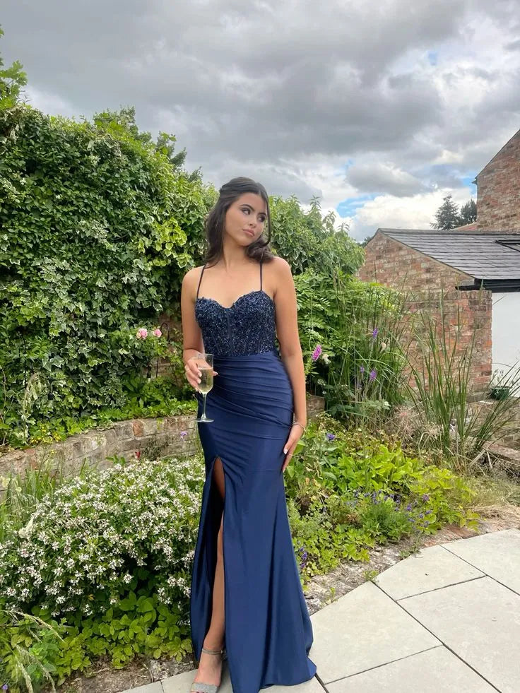 Fashion Spaghetti Straps Sleeveless Mermaid Slit Satin Long Prom Dress