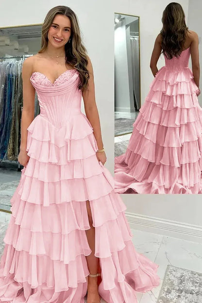 Fashion Strapless Sleeveless A-Line Chiffon Tiered Split Long Prom Dress