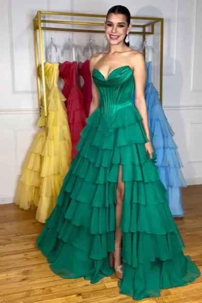 Fashion Strapless Sleeveless A-Line Chiffon Tiered Split Long Prom Dress