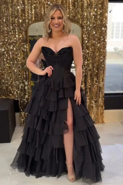 Fashion Strapless Sleeveless A-Line Chiffon Tiered Split Long Prom Dress