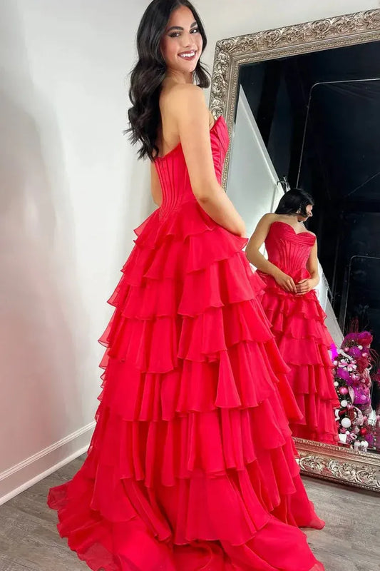 Fashion Strapless Sleeveless A-Line Chiffon Tiered Split Long Prom Dress