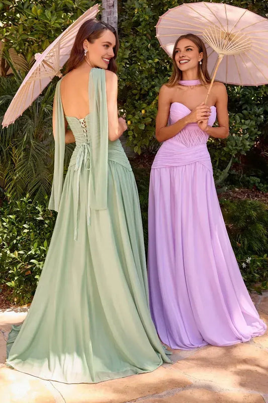 Fashion Strapless Sleeveless A-Line Pleated Chiffon Sweep Train Prom Dress