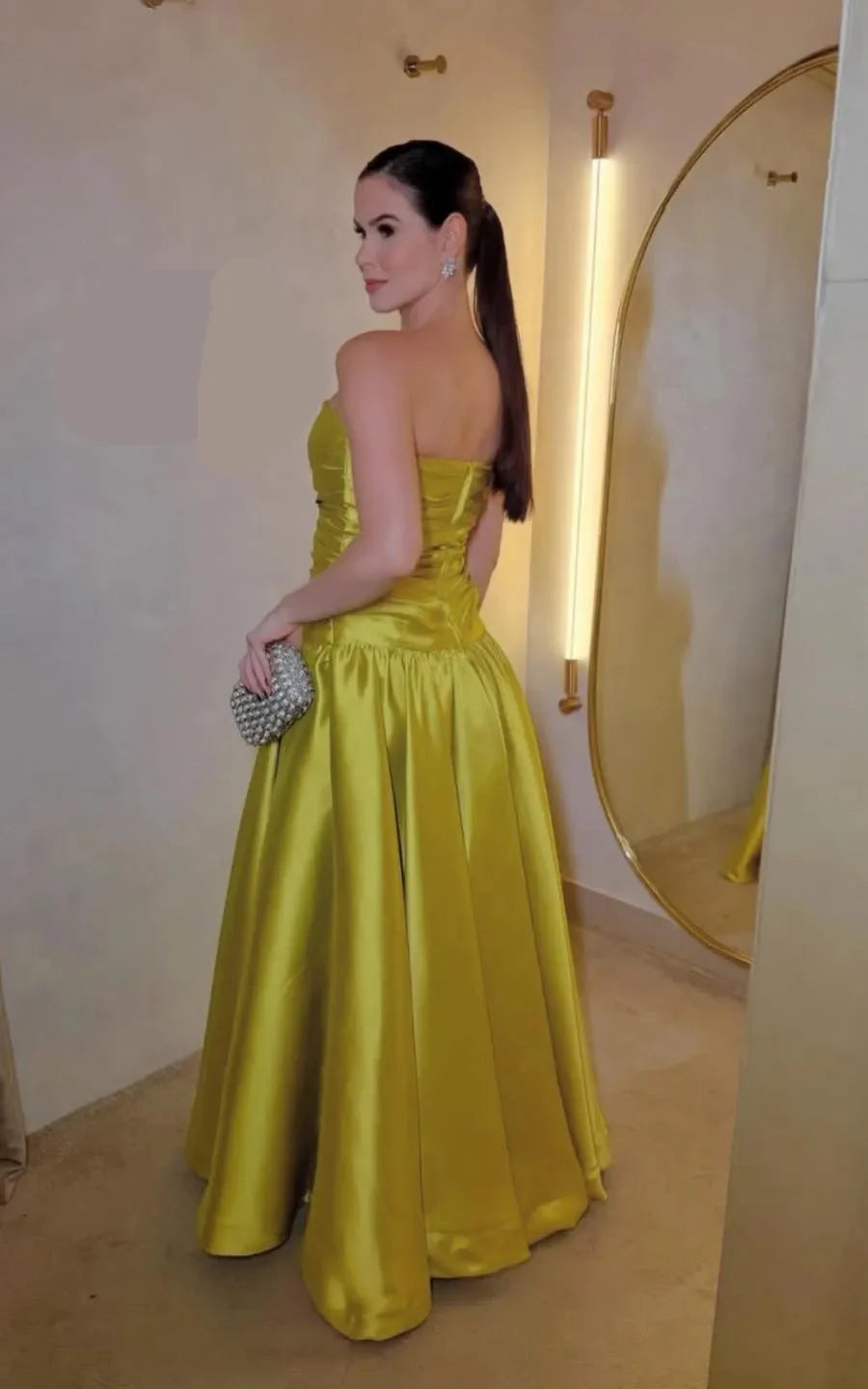 Fashion Strapless Sleeveless A Line Pleated Satin Floor-Length Party Dress