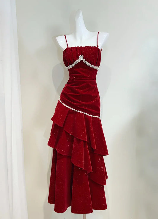 Fashion Strapless Sleeveless Sheath Crystal Velvet Floor-Length Prom Dress