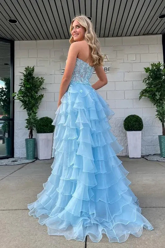Fashion Sweetheart Sleeveless Empire A-Line Chiffon Appliques Tiered Long Prom Dress