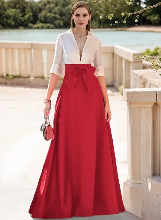 Fashion V-Neck 1/2 Sleeves A-Line Bow Satin Floor-Length Evening Dress