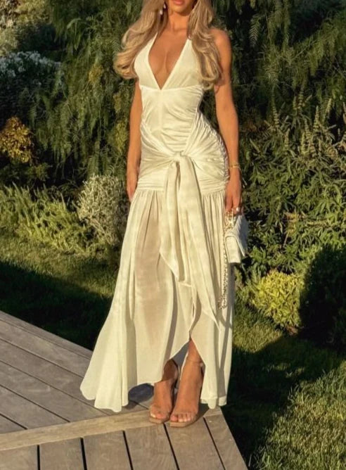 Dress Prom Dress Stores White V Neck A-Line Fashion Vacation Dress Long Party Dress Formal Women's Dresses