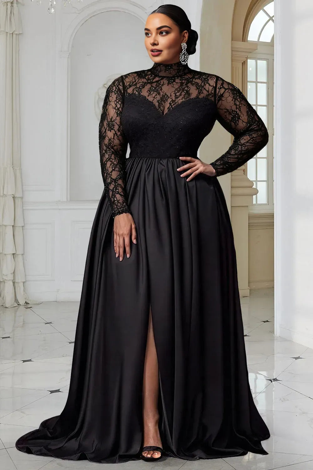 Fashionable A-Line High Neck Long Sleeve Split Satin Floor Length Prom Dress