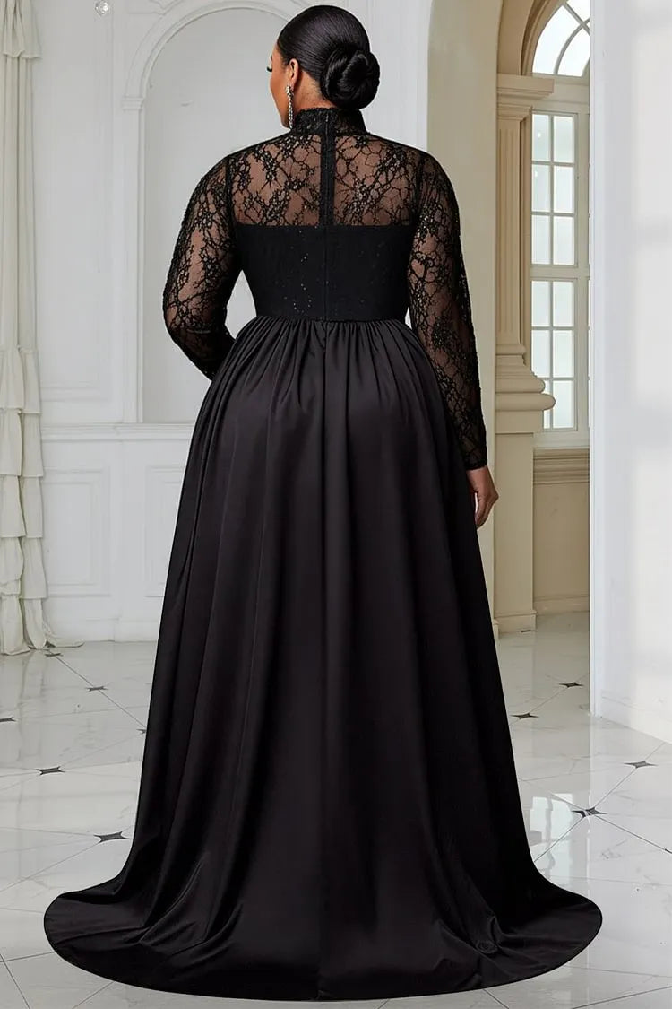 Fashionable A-Line High Neck Long Sleeve Split Satin Floor Length Prom Dress