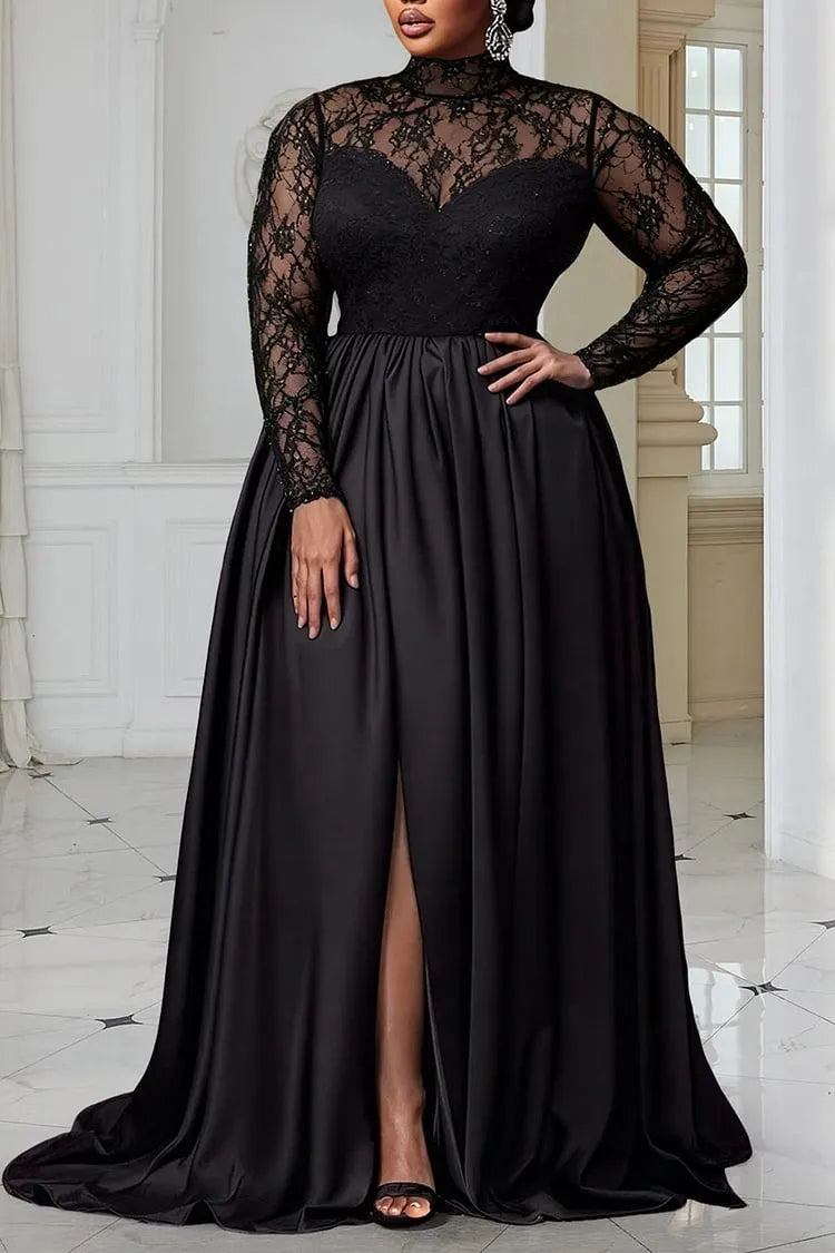 Fashionable A-Line High Neck Long Sleeve Split Satin Floor Length Prom Dress