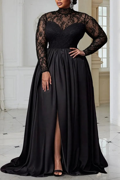 Fashionable A-Line High Neck Long Sleeve Split Satin Floor Length Prom Dress