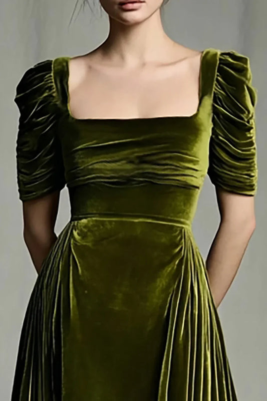 Fashionable A Line Square Neck Short Sleeve Velvet Sweep/Brush Train Prom Dress
