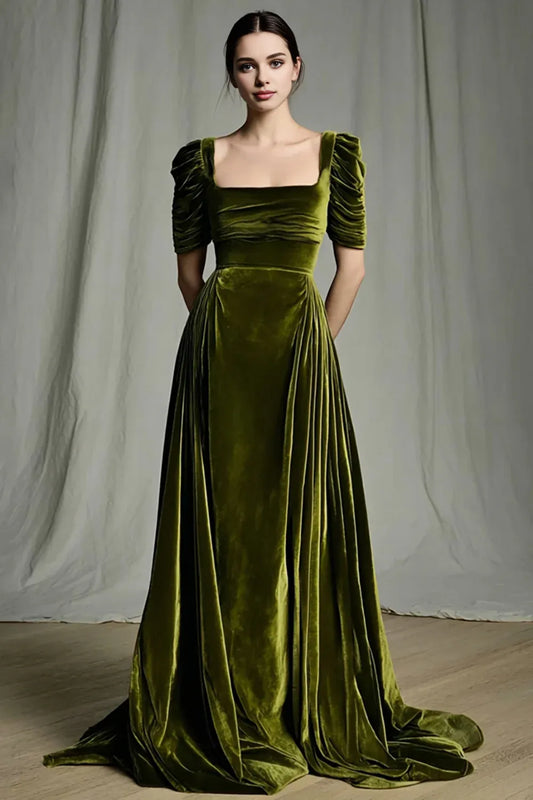 Fashionable A Line Square Neck Short Sleeve Velvet Sweep/Brush Train Prom Dress