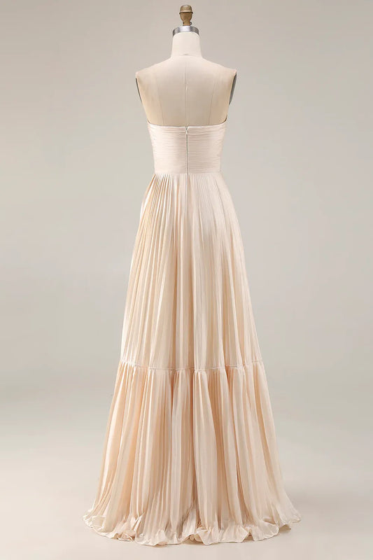 Fashionable A Line Strapless Sleeveless Satin Pleated Floor-Length Prom Dress