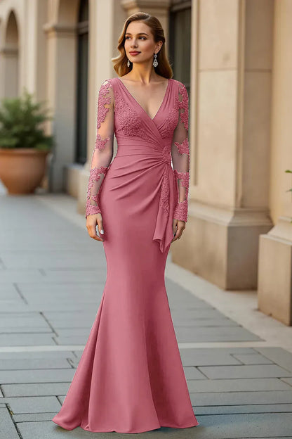 Fashionable Mermaid V-Neck Long Sleeves Appliques Floor-Length Mother Of The Bride Dress