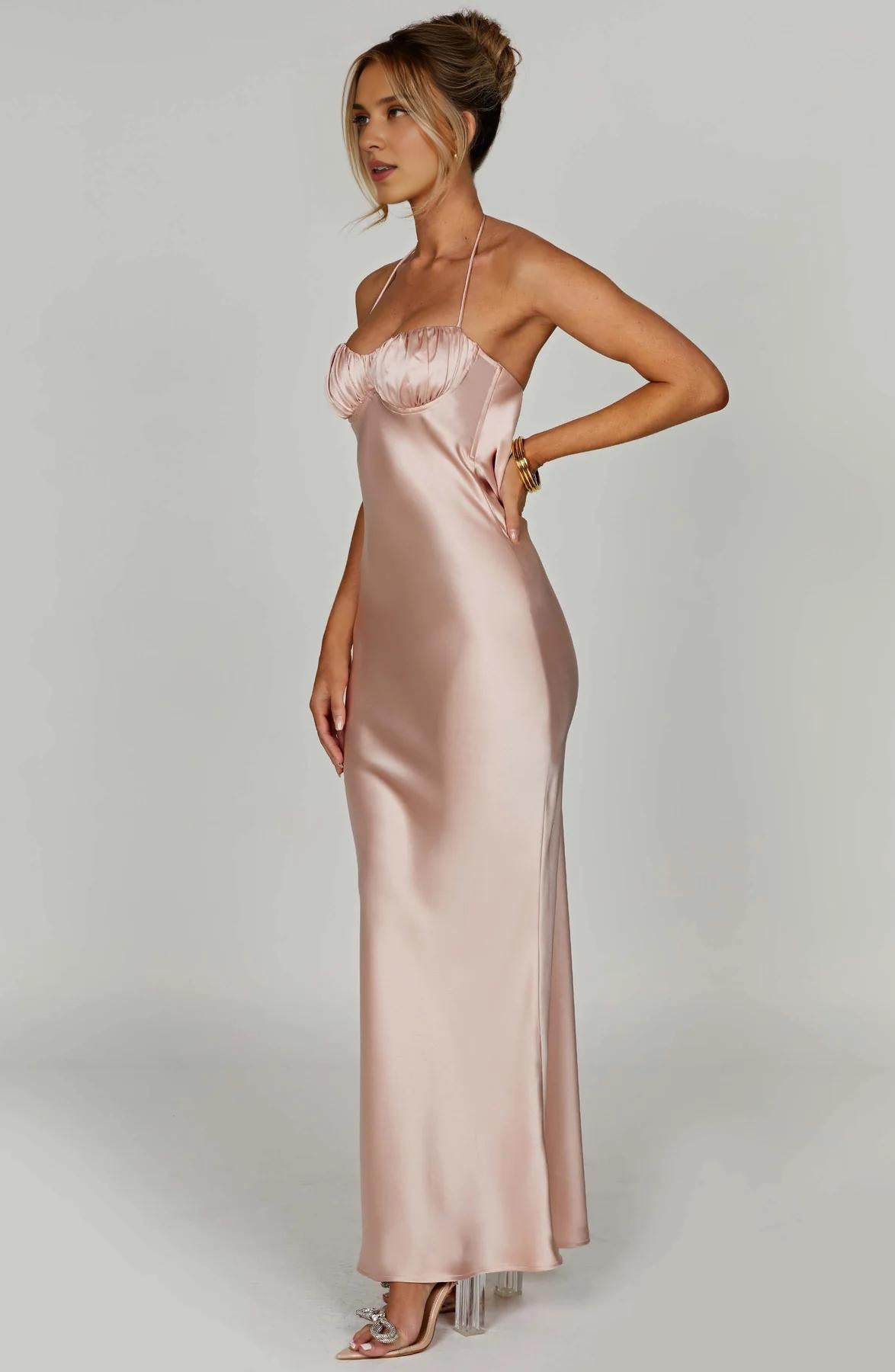 Feminine Romantic Luxe Satin Fitted Maxi Dress Floor Length Pleated Backless Spaghetti Strap Ball Gown