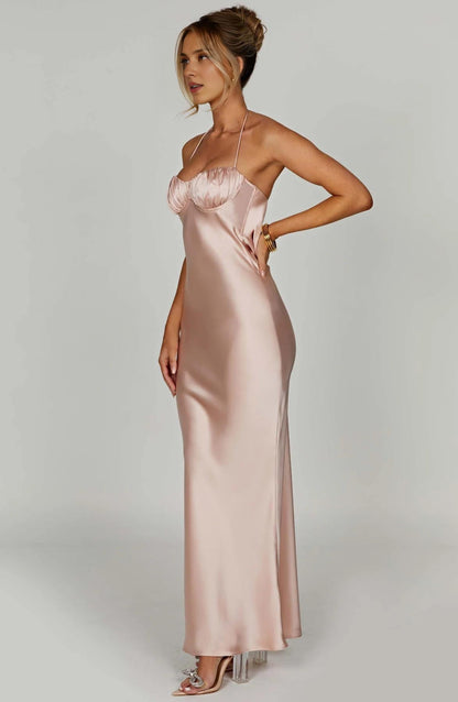 Feminine Romantic Luxe Satin Fitted Maxi Dress Floor Length Pleated Backless Spaghetti Strap Ball Gown