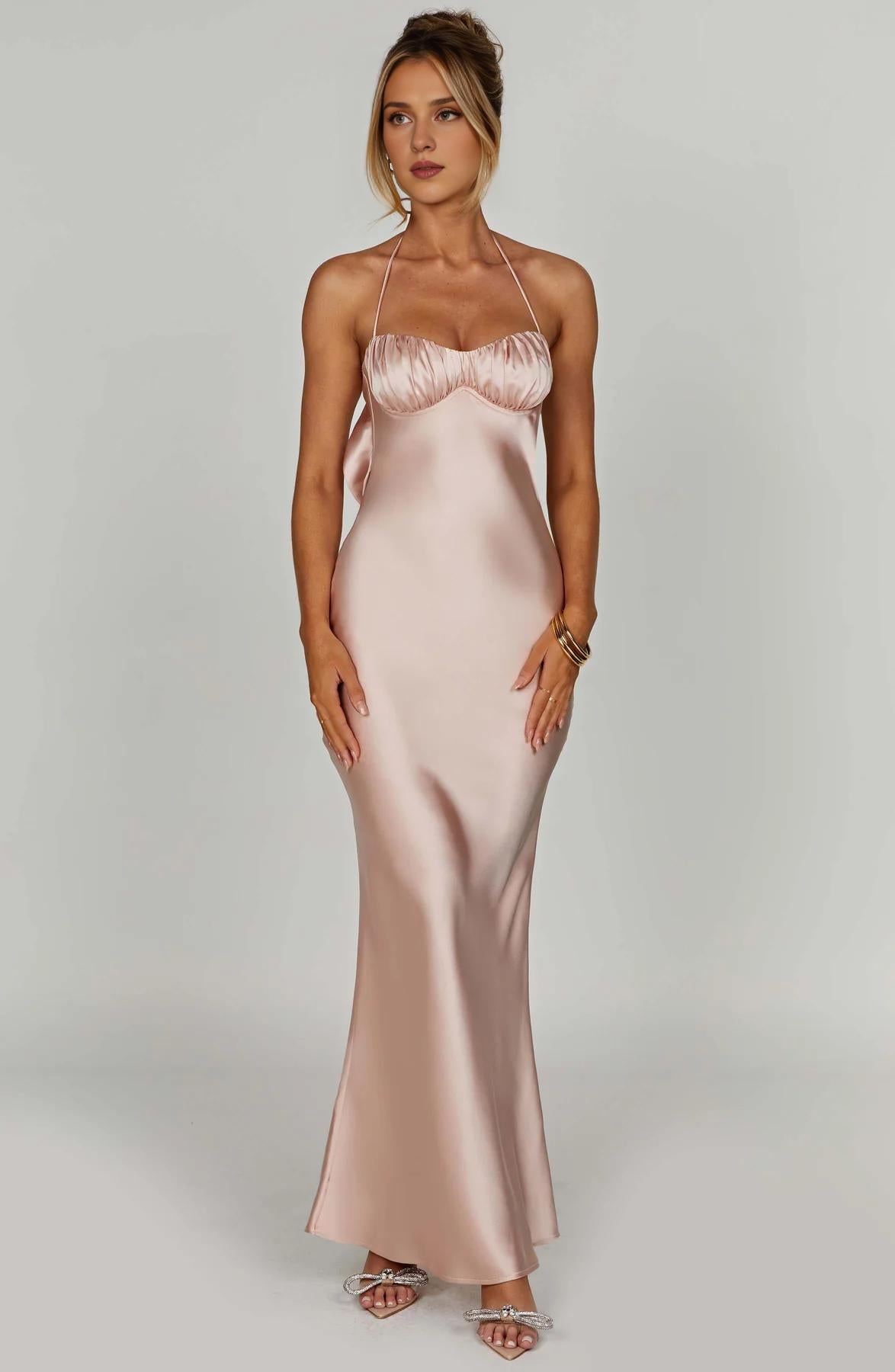 Feminine Romantic Luxe Satin Fitted Maxi Dress Floor Length Pleated Backless Spaghetti Strap Ball Gown
