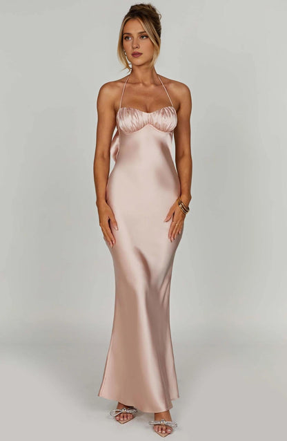 Feminine Romantic Luxe Satin Fitted Maxi Dress Floor Length Pleated Backless Spaghetti Strap Ball Gown
