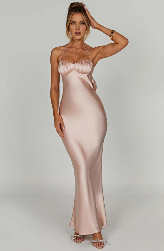 Feminine Romantic Luxe Satin Fitted Maxi Dress Floor Length Pleated Backless Spaghetti Strap Ball Gown