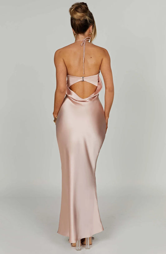 Feminine Romantic Luxe Satin Fitted Maxi Dress Floor Length Pleated Backless Spaghetti Strap Ball Gown