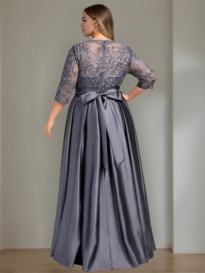 Formal Women's Dresses A-Line/Princess Scoop 3/4 Length Sleeves Floor-Length Plus Size Mother of the Bride Dresses with Bow Prom Dresses Stores