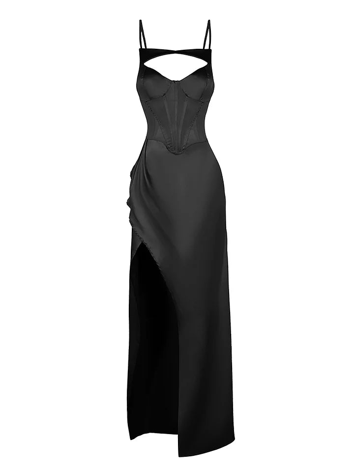 Floor Length Satin Cut Out Side Slit Corset Evening Prom Gown With Hight Slit