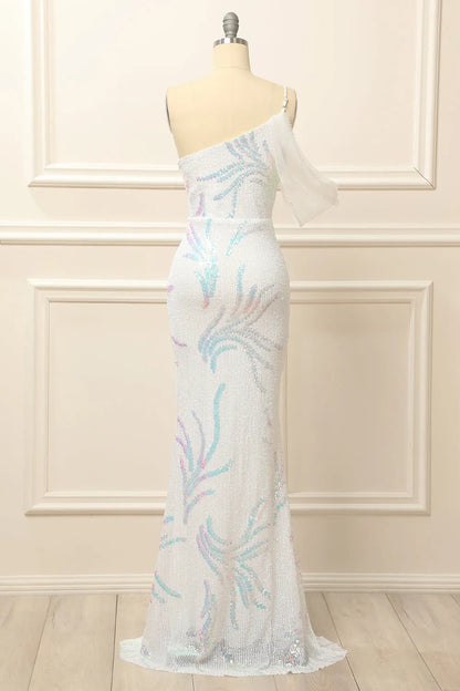 Floor Length Sequins One Shoulder Mermaid Prom Dress With Slit