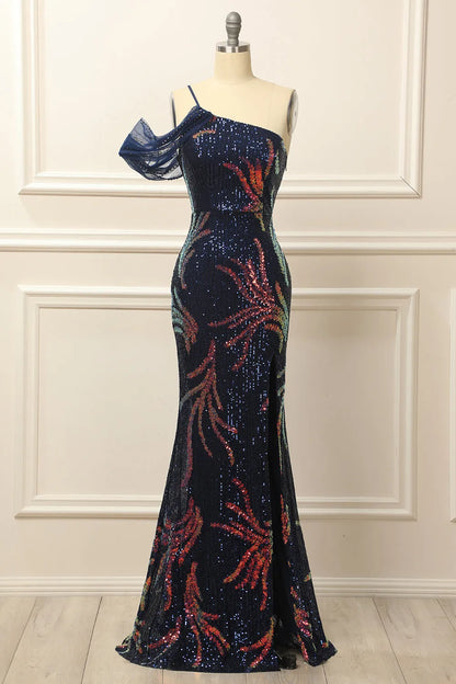Floor Length Sequins One Shoulder Mermaid Prom Dress With Slit