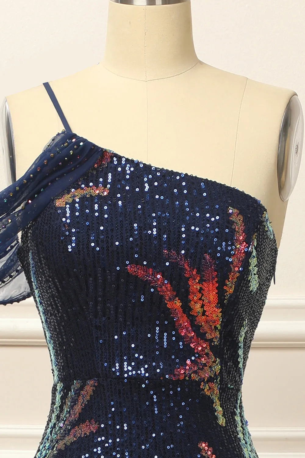 Floor Length Sequins One Shoulder Mermaid Prom Dress With Slit