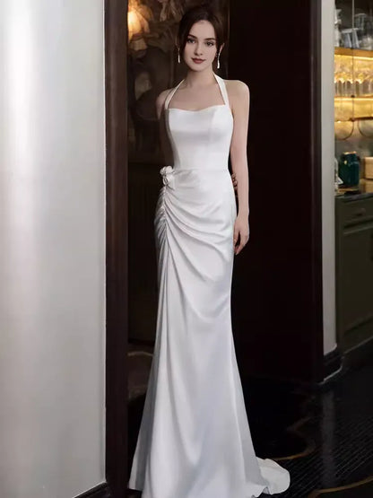 Floor Length Sleeveless Simple Mermaid Halter Long White Prom Dresses