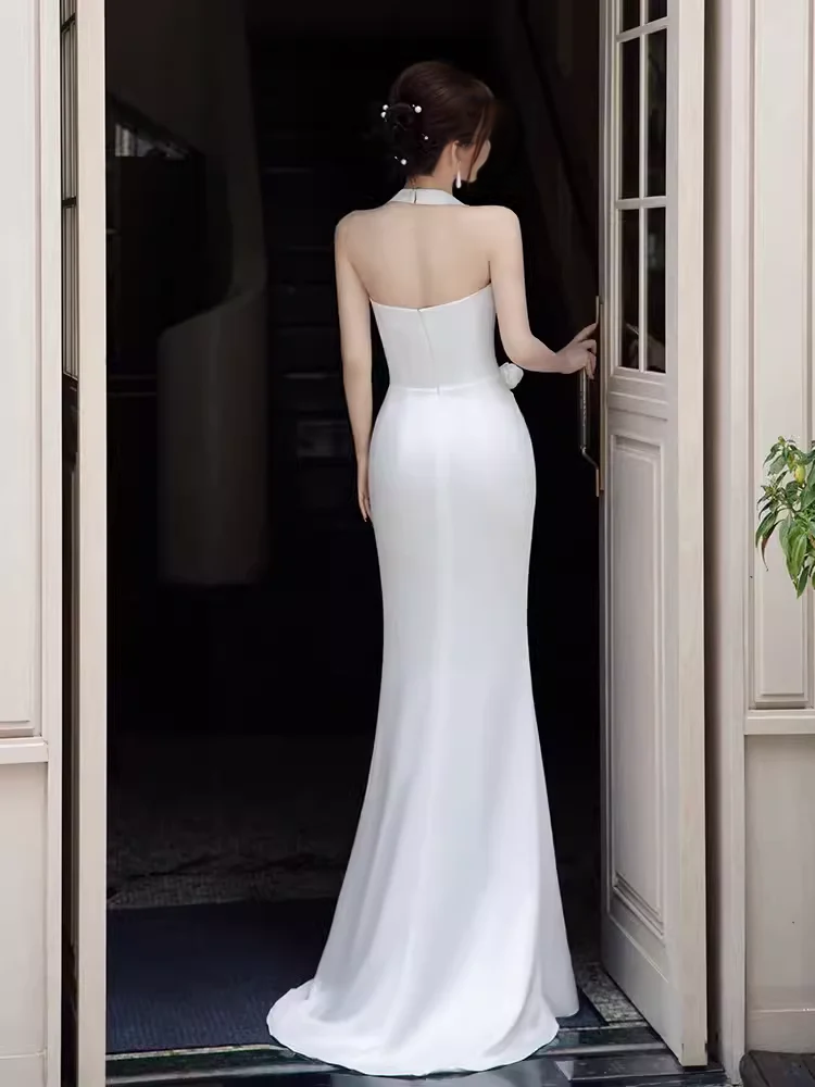 Floor Length Sleeveless Simple Mermaid Halter Long White Prom Dresses